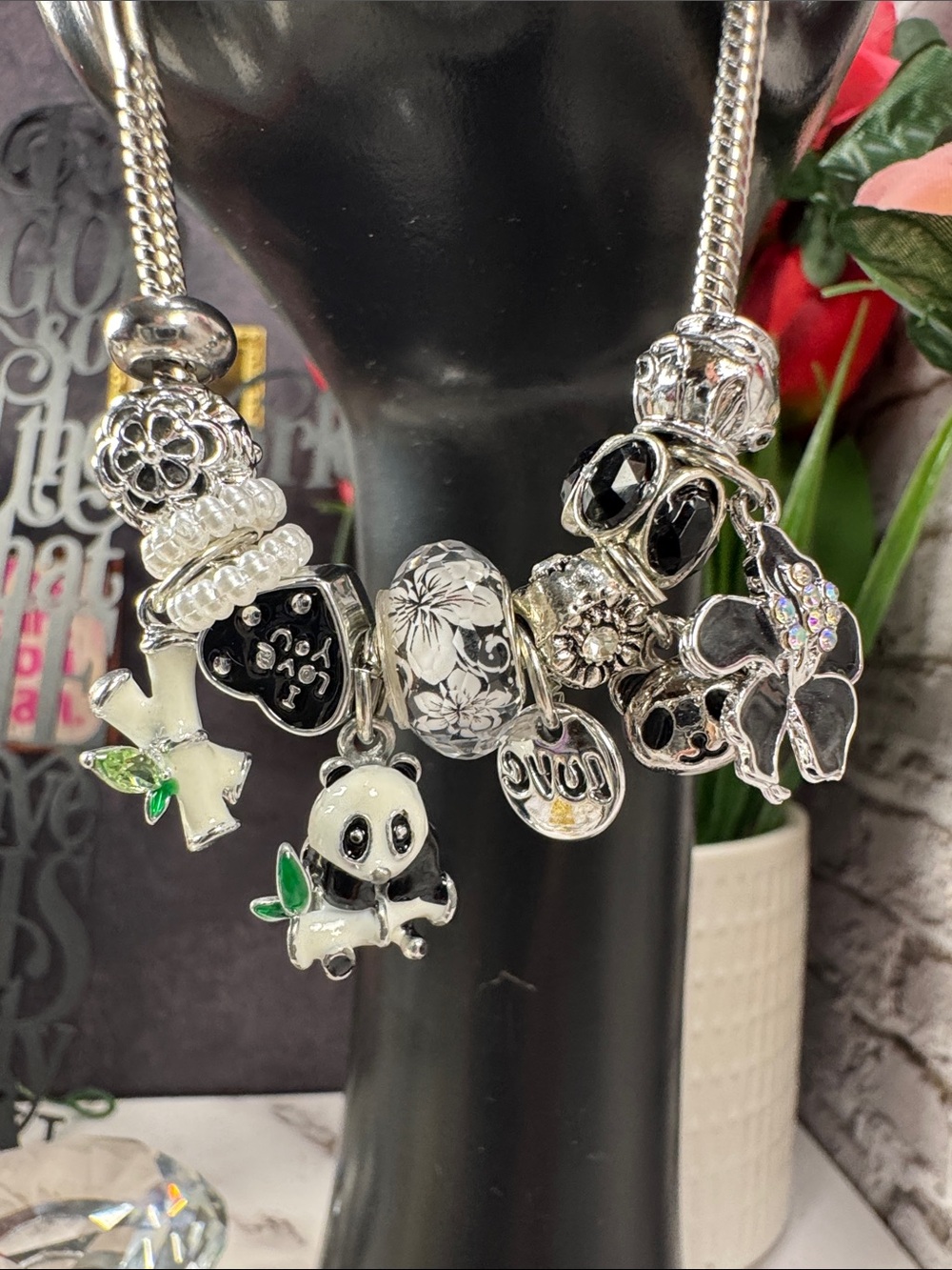 Sterling Silver Black & White Panda Charm Bracelet